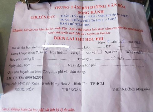 Biên lai thu học phí của Trung tâm bồi dưỡng văn hóa Song Hành (ảnh: P.L)