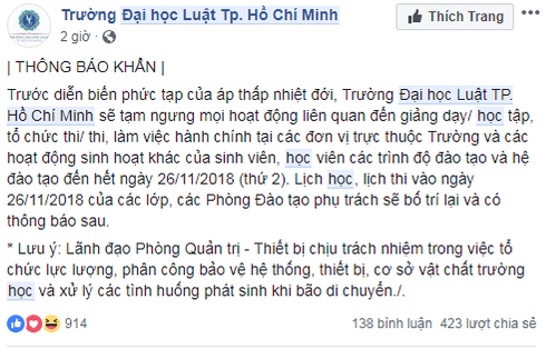 Thông báo cho sinh viên tạm nghỉ học trong ngày 26/11 của Trường Đại học Luật thành phố (ảnh: ctv)