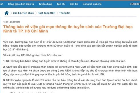 Cảnh báo của Trường Đại học Kinh tế Thành phố Hồ Chí Minh (ảnh: P.L)