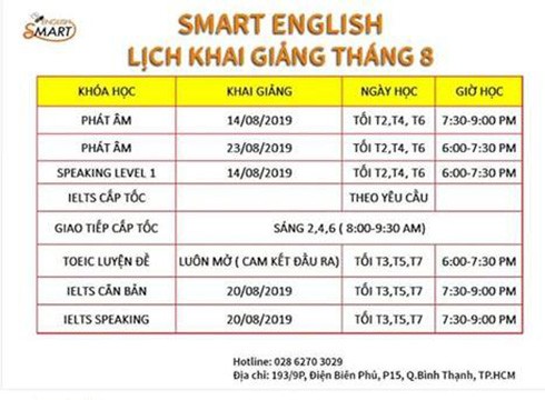 Lịch khai giảng và thời khóa biểu của các lớp học tại Smart English (ảnh: P.L)