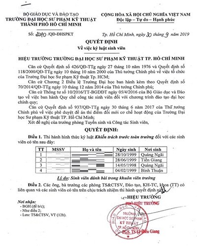 Kỷ luật 4 sinh viên đánh bài trong khuôn viên trường Đại học Sư phạm Kỹ thuật Thành phố Hồ Chí Minh (ảnh: CTV)