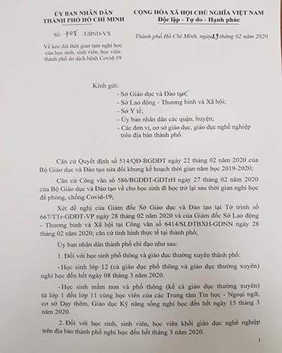 Văn bản 708 do Phó Chủ tịch thường trực Ủy ban nhân dân Thành phố Hồ Chí Minh ký ngày 29/2 (ảnh: P.L)