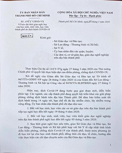 Trích văn bản chỉ đạo mới nhất của Ủy ban nhân dân Thành phố Hồ Chí Minh về việc cho học sinh nghỉ học (ảnh: P.L)