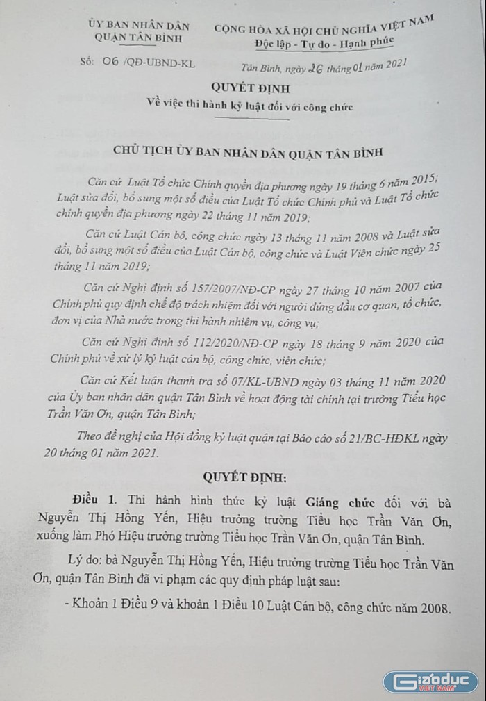 Trích quyết định kỷ luật số 06 của Chủ tịch Ủy ban nhân dân quận Tân Bình ký (ảnh: P.L)