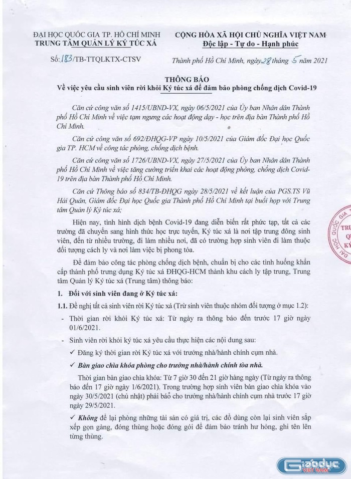 Trích văn bản 183 của Trung tâm Quản lý Ký túc xá, Đại học Quốc gia (ảnh: P.L)