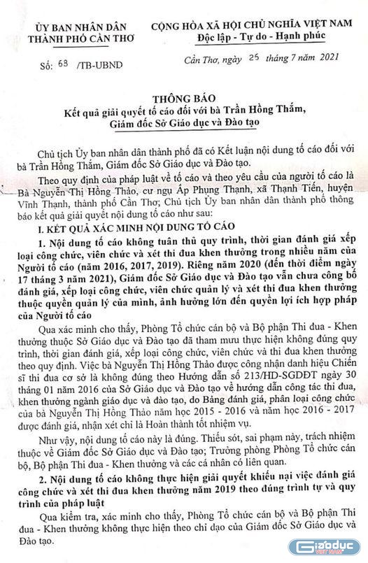 Trích thông báo số 68 của Chủ tịch Ủy ban nhân dân thành phố Cần Thơ (ảnh: P.L)