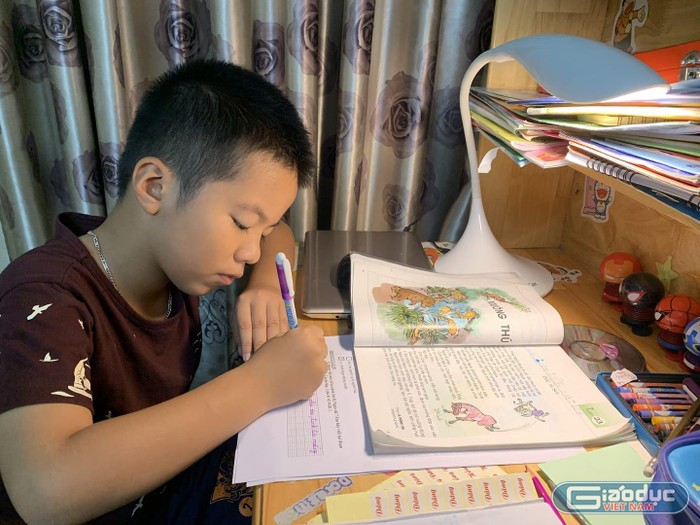 Học sinh tiểu học làm bài ở nhà (ảnh minh họa: P.N)