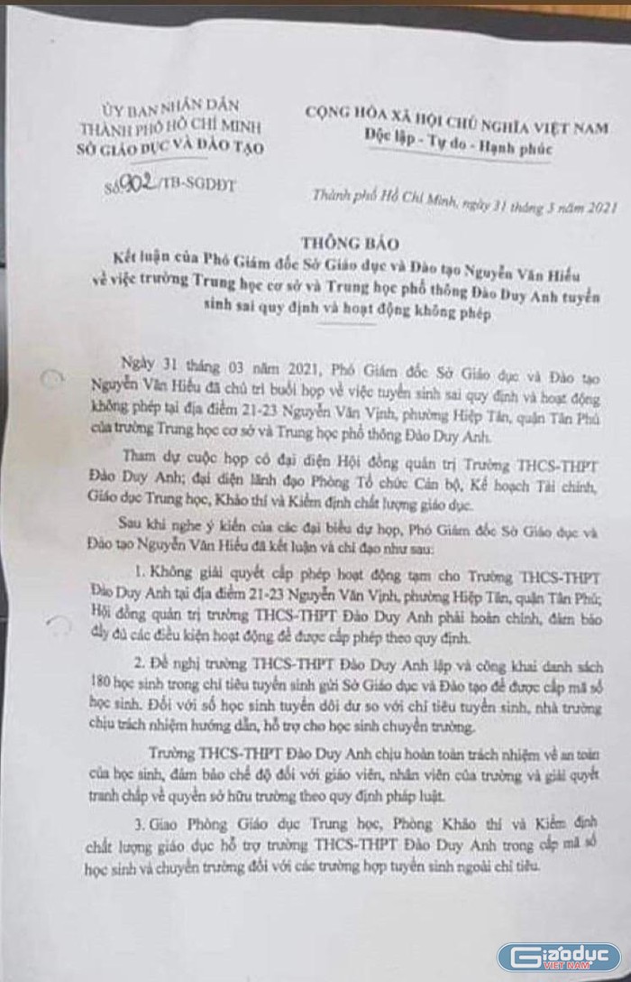 Trích thông báo kết luận của Phó Giám đốc (khi đó) Nguyễn Văn Hiếu tại cuộc họp ngày 31/3/2021 (ảnh: CTV)