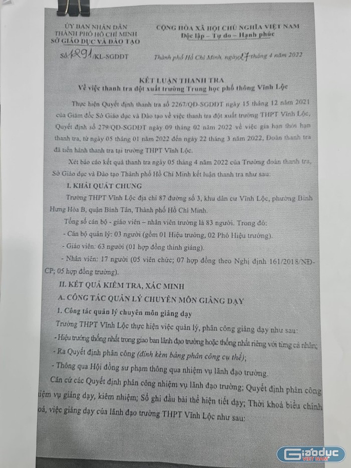 Trích kết luận thanh tra số 1291 của Sở giáo dục và Đào tạo Thành phố Hồ Chí Minh (ảnh: P.L)