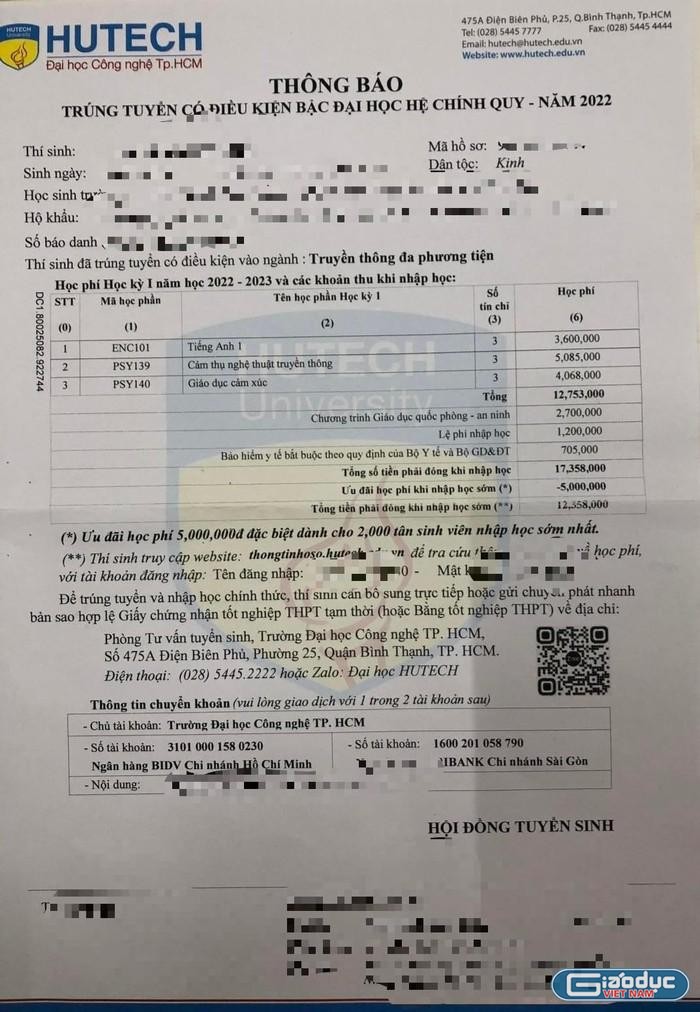 Thông báo trúng tuyển có điều kiện của HUTECH có ghi ưu đãi 5 triệu đồng cho thí sinh đóng học phí sớm (ảnh: P.L)