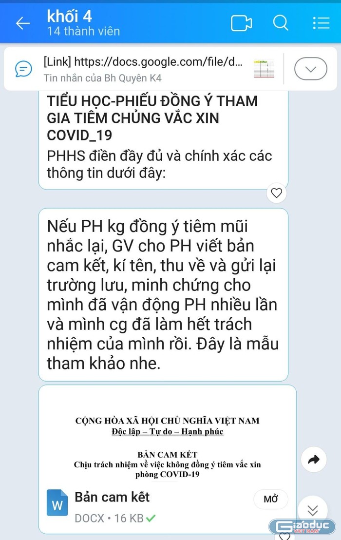 Tin nhắn mà giáo viên khối 4 của Trường tiểu học Bình Hòa nhận được (ảnh: P.L)