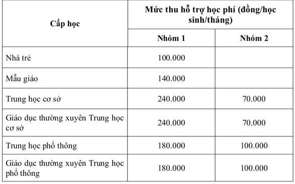 Mức hỗ trợ học phí với học sinh từ mầm non đến trung học phổ thông hệ ngoài công lập tại TPHCM (ảnh chụp màn hình)