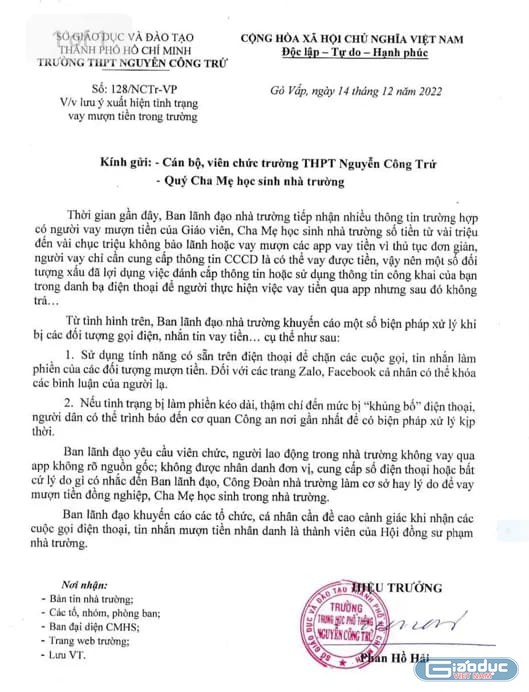 Trích văn bản 128 của Trường trung học phổ thông Nguyễn Công Trứ, Gò Vấp (ảnh: P.L)