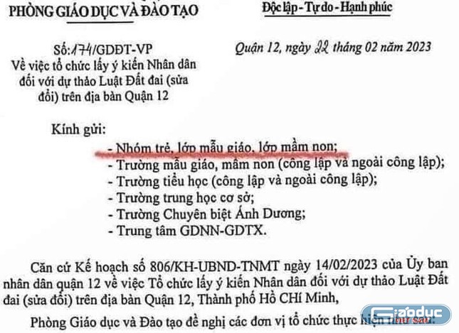 Văn bản gây xôn xao mạng xã hội của Phòng Giáo dục Quận 12 (ảnh chụp màn hình)