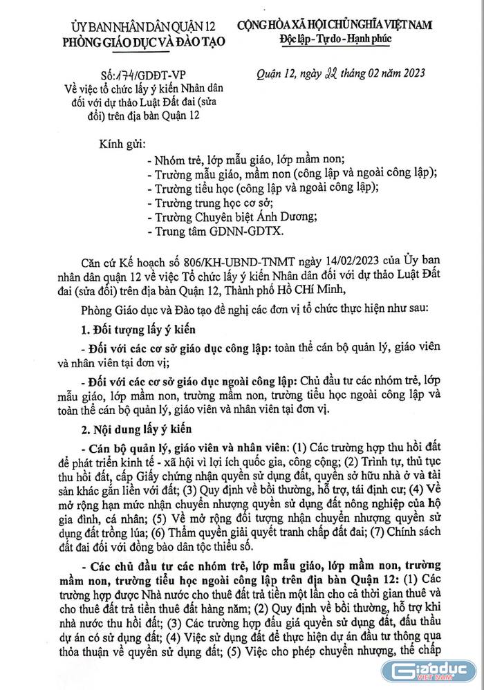 Văn bản đầy đủ của Phòng Giáo dục và Đào tạo Quận 12 (ảnh: P.L)