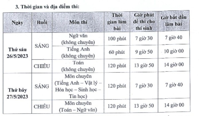 Lịch thi tuyển sinh vào lớp 10 của Trường Phổ thông Năng khiếu (ảnh chụp màn hình)