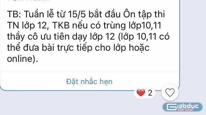 Nội dung đoạn thông báo bằng tin nhắn trên nhóm Zalo trường gửi giáo viên (ảnh: VD)