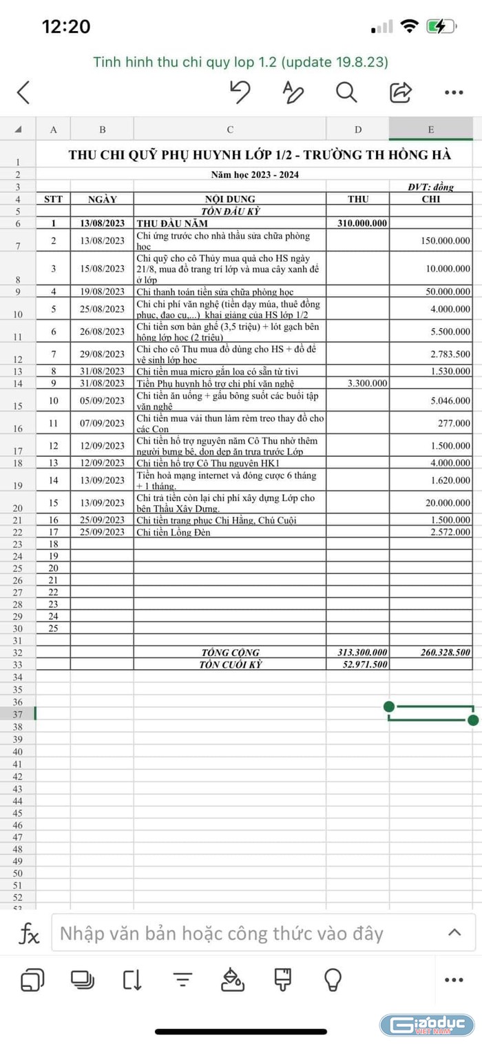 Bảng dự toán thu chi khủng của lớp 1/2 Trường tiểu học Hồng Hà, Quận Bình Thạnh (ảnh chụp màn hình)