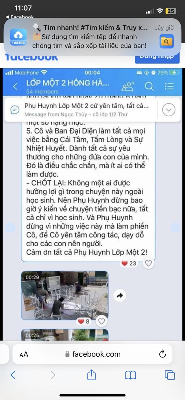 Tin nhắn trong group Zalo của lớp mà giáo viên chủ nhiệm lớp 1/2 chốt với phụ huynh (ảnh: PHCC)