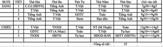 Thời khóa biểu của một lớp 1 tại 1 trường tiểu học ở huyện Hóc Môn, Thành phố Hồ Chí Minh (ảnh: CTV)