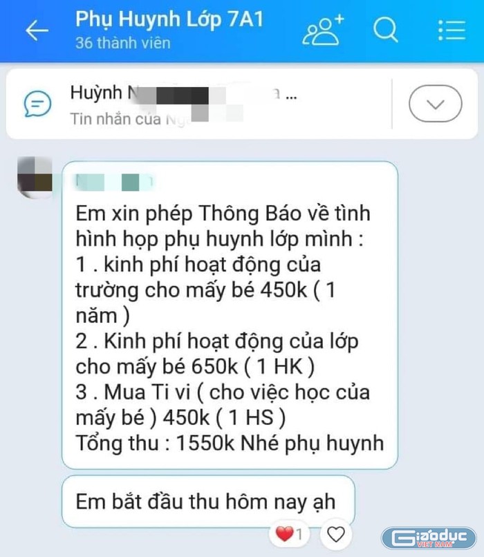 Tin nhắn trên Zalo của lớp 7A1 Trường trung học cơ sở Kiến Thiết, Quận 3 (ảnh: PHCC)