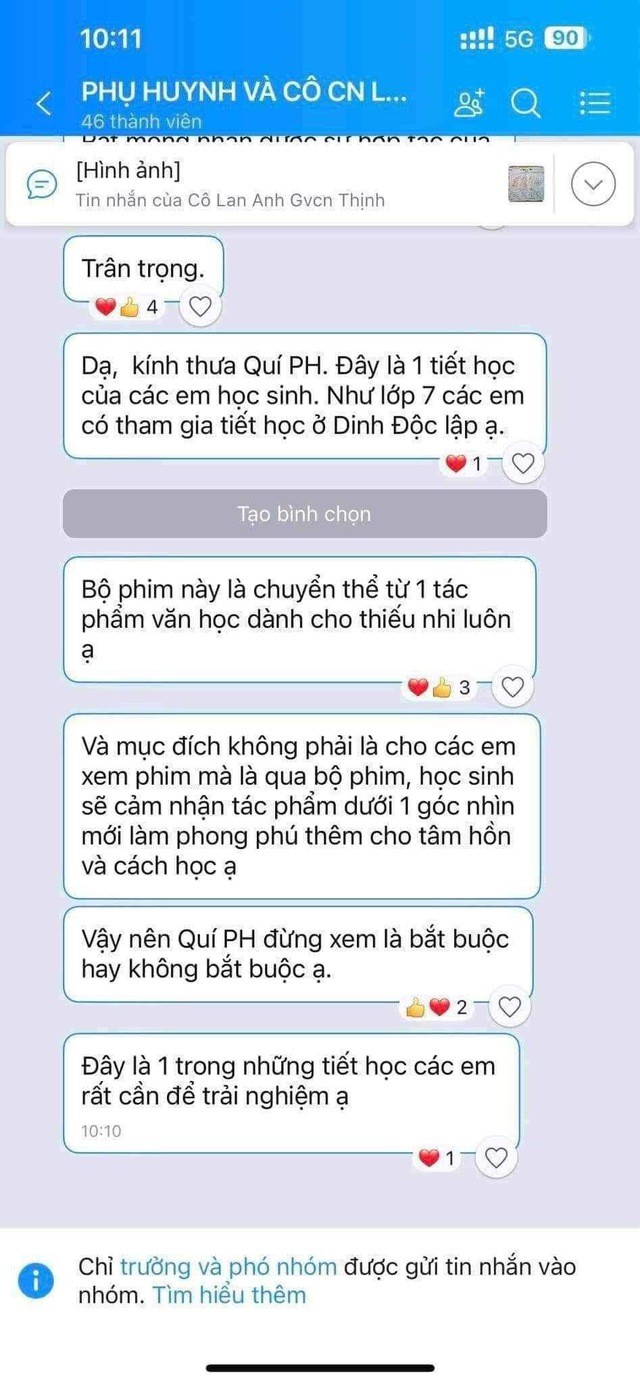 Tin nhắn của giáo viên chủ nhiệm gửi phụ huynh nhà trường (Ảnh: PHCC)