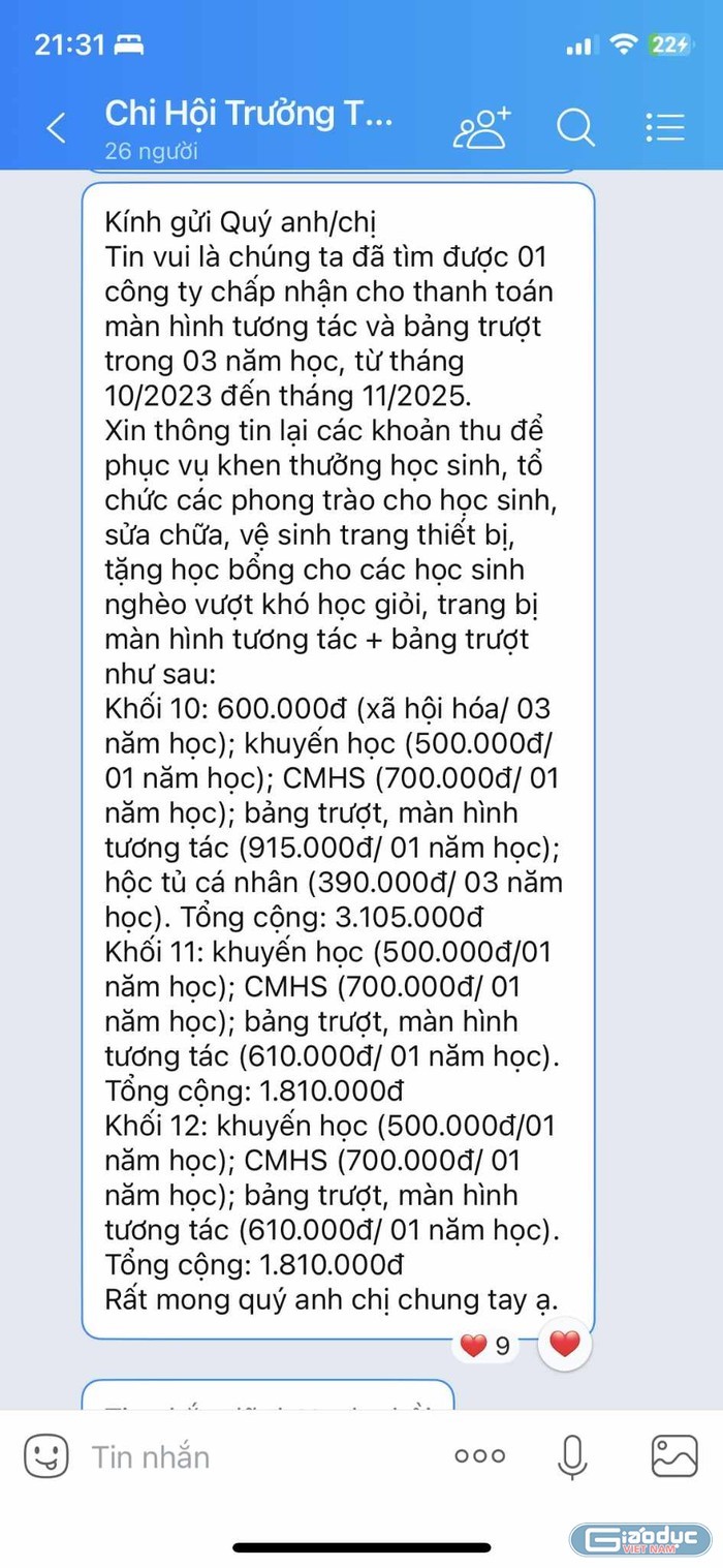 Tin nhắn trao đổi của phụ huynh về những khoản thu tại Trường trung học thực hành, Trường Đại học Sư phạm Thành phố Hồ Chí Minh (ảnh: PHCC)
