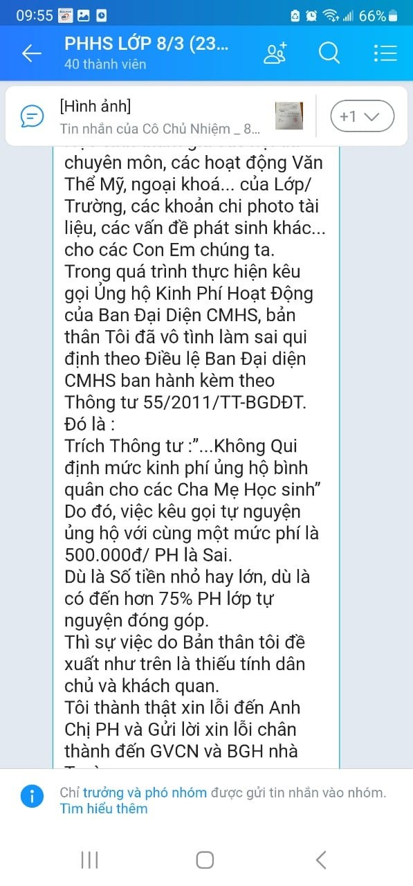 Trích tin nhắn thừa nhận thu tiền sai quy định của Ban đại diện cha mẹ học sinh lớp 8/3 Trường Lý Thánh Tông, Quận 8 (ảnh: PHCC)