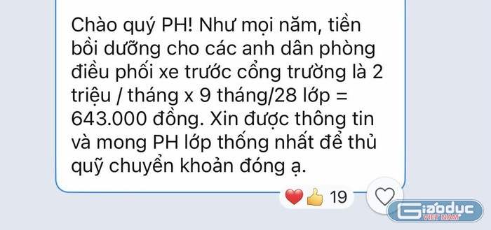 Đoạn tin nhắn của Ban đại diện cha mẹ học sinh gửi tới phụ huynh để vận động tiền