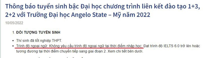 Có trường thậm chí không yêu cầu trình độ ngoại ngữ tại thời điểm nhập học. Ảnh chụp màn hình.