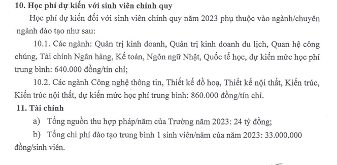 Học phí dự kiến năm 2023 của sinh viên Trường Đại học Nguyễn Trãi là 860.000 đồng/1 tín chỉ. Ảnh chụp màn hình.