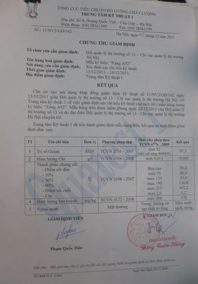 Kết quả kiểm nghiệm mẫu xăng không chì RON 92 được đội QLTT số 13 lấy và mang đi kiểm nghiệm vào ngày 12.12.2011 sau khi có đơn phản ánh của bạn đọc báo GDVN hoàn toàn phù hợp với tiêu chuẩn của Việt Nam.
