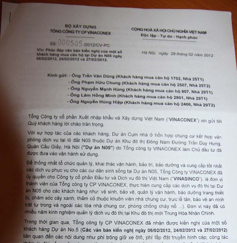 Công văn do Phó tổng giám đốc Vinaconex gửi phúc đáp các cư dân tại khu N05.