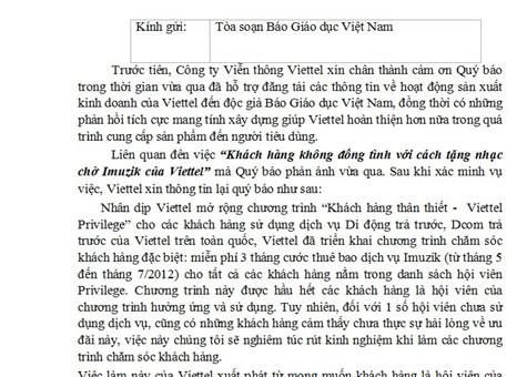 Trong công văn trả lời gửi báo Giáo dục Việt Nam, công ty viễn thông Viettel đã gửi lời xin lỗi chân thành tới khách hàng P.T vì những phiền toái ông đã gặp phải trong thời gian qua.