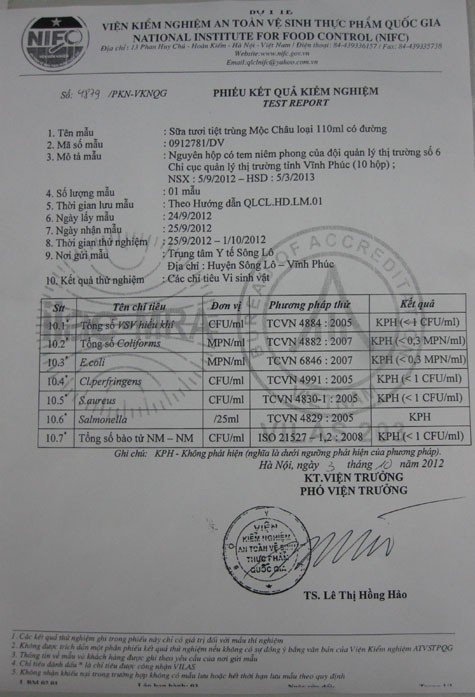 Kết quả kiệm nghiệm do Viện kiểm nghiệm an toàn vệ sinh thực phẩm quốc gia công bố, không phát hiện sinh vật lạ trong mẫu sữa Mộc Châu lấy tại Vĩnh Phúc.