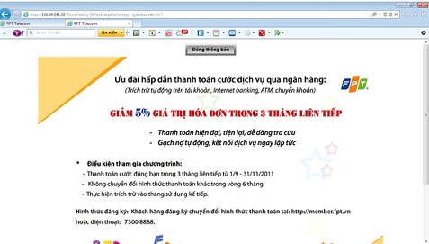 Nhận được thông báo Spam, anh Giang đã kích vào ô “đóng thông báo” hiện lên phía trên màn hình nhưng không được. (Ảnh chụp màn hình do khách hàng của FPT cung cấp).