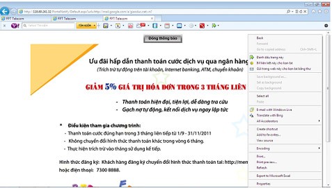 FPT Telecom "giết" tất cả các website khác bằng cách bấm vào bất cứ website nào, màn hình máy tính chỉ hiển thị lên bảng thông báo chương trình ưu đãi của FPT (Ảnh do khách hàng của FPT cung cấp).