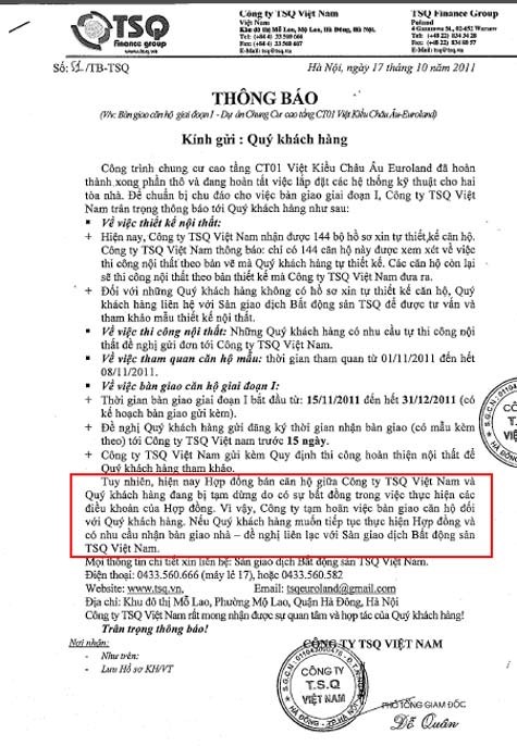 Thông báo hoãn bàn giao nhà của TSQ Việt Nam khiến nhiều khách hàng mua nhà tại dự án làng Việt kiều châu Âu bức xúc.