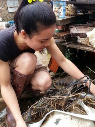 Một giáo viên mầm non tại xã Quảng Sơn, huyện Quảng Trạch, Quảng Bình đang cố tìm lại những dụng cụ học tập sót lại trong nước lũ (ảnh CLC)