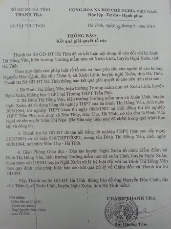 Kết luận của Thanh tra Sở Giáo dục và Đào tạo Hà Tĩnh về việc bà Vân mượn bằng tốt nghiệp trung học phổ thông của người khác