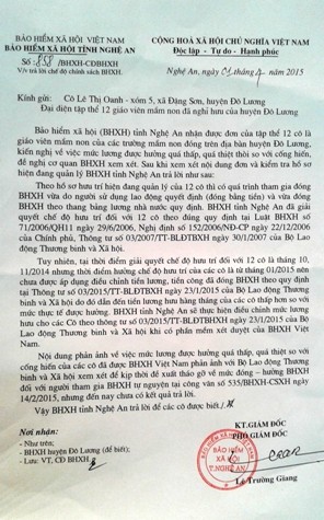 Công văn trả lời của Bảo hiểm xã hội tỉnh Nghệ An về bất cập tiền lương quá thấp của các giáo viên mầm non huyện Đô Lương (ảnh Xuân Hòa)