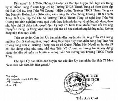 Ông Trần Vũ Cương đã được điều động về làm Hiệu trưởng Trường THCS Quách Phẩm Bắc.