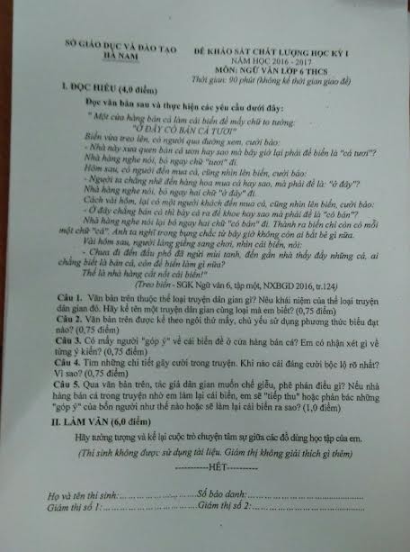 Đề ngữ văn lớp 6 trong kỳ thi học kỳ I tại Hà Nam.