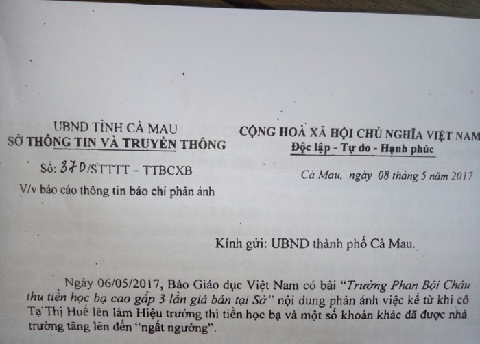 Công văn của Sở Thông tin và Truyền thông Cà Mau đề nghị xác minh, báo cáo liên quan đến thông tin mà báo Dân trí phản ánh.