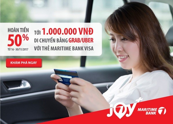 Từ ngày 16/11 đến 30/11/2017, Maritime Bank, Grab và Uber cùng phối hợp để mang đến ưu đãi “khủng”, hoàn tiền 50%, lên đến 1 triệu đồng cho khách hàng sở hữu thẻ tín dụng du lịch Maritime Bank Visa.