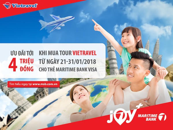 Khi đặt bất cứ chuyến du lịch (tour) nào tại Vietravel và thanh toán bằng thẻ tín dụng du lịch Maritime Bank Visa, bạn sẽ được nhận ngay “lì xì” lên đến 4 triệu đồng.