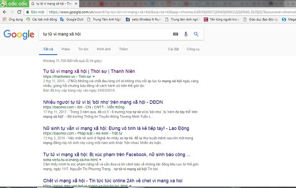 Vào mục tìm kiếm trên Google gõ dòng chữ “tự tử vì mạng xã hội”, trong 0,34 giây cho ra tới 11.700.000 kết quả. (Ảnh: Kim Nhung)