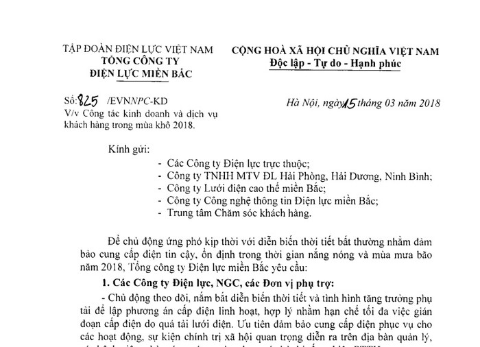 Ngày 15/3/2018, Tổng Công ty Điện lực miền Bắc (EVNNPC) đã ra Công văn số 825/EVNNPC-KD về Công tác kinh doanh và dịch vụ khách hàng trong mùa khô 2018.