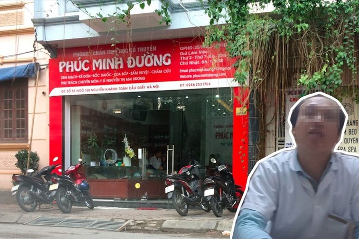 Bên ngoài Phòng khám Phúc Minh Đường và một người tự nhận là thầy thuốc tại cơ sở này.