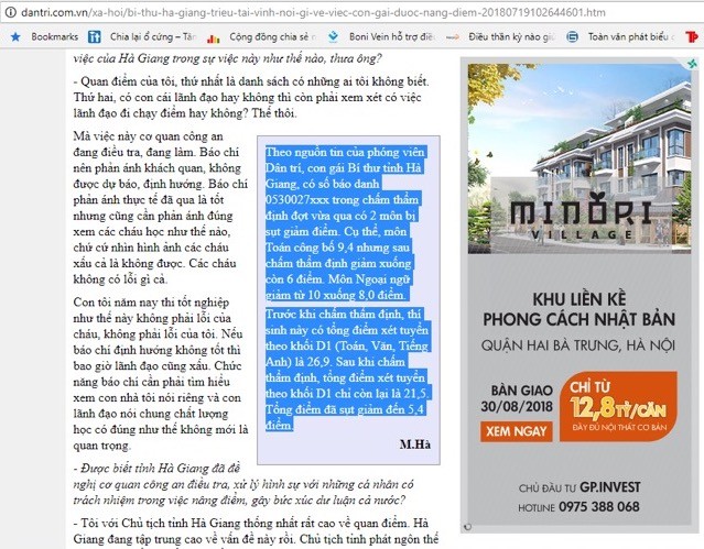 Ảnh chụp màn hình báo Dantri.com.vn ngày 19/7/2018